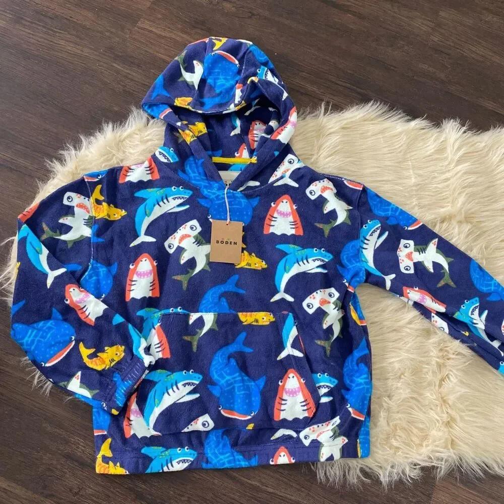 NWT Mini Boden Towelling Pop-over Hoody College Navy Sharks 9 - 10 Y